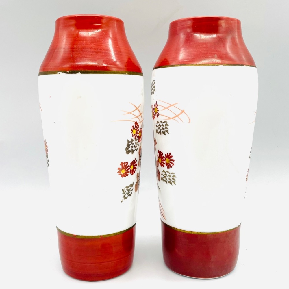 Japanese Kutani Style Milk Glass Vase Pair Bird Floral Red Gold 8" - Picture 3 of 6